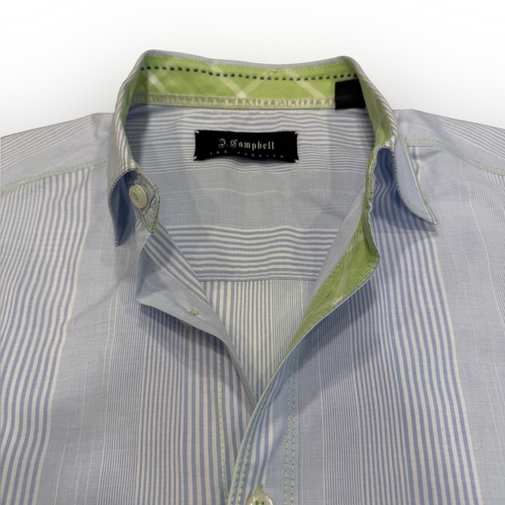 J Campbell Women’s Button Down Shirt Blue/ White W/ Lime Green Accents Sz M